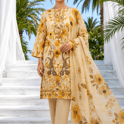 Elegant Mustard Embroidered 3 Piece Lawn Suit