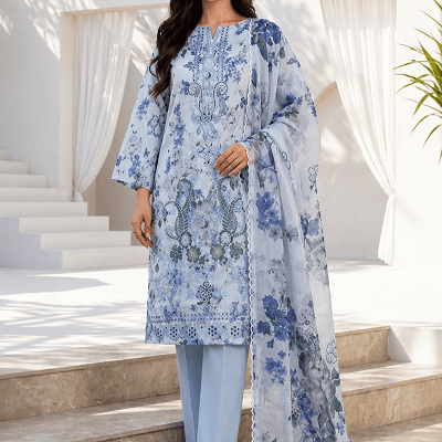 Elegant Blue Embroidered 3 Piece Lawn Suit