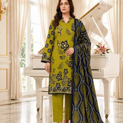 Premium Olive Green Printed 3 Piece Lawn Suit with Printed Dupatta