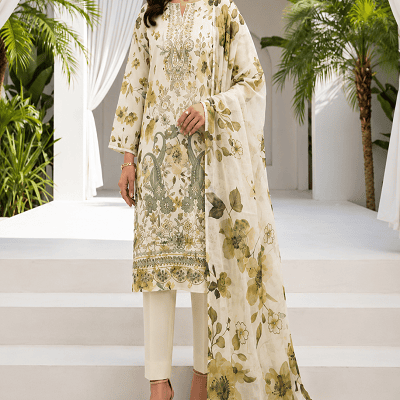 Women's Premium Ivory Embroidered 3 Piece Suit with Embroidered Chiffon Dupatta