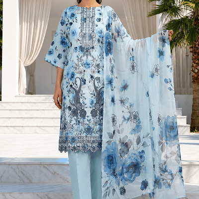 Elegant Sky Blue Embroidered 3 Piece Chiffon Suit for Women